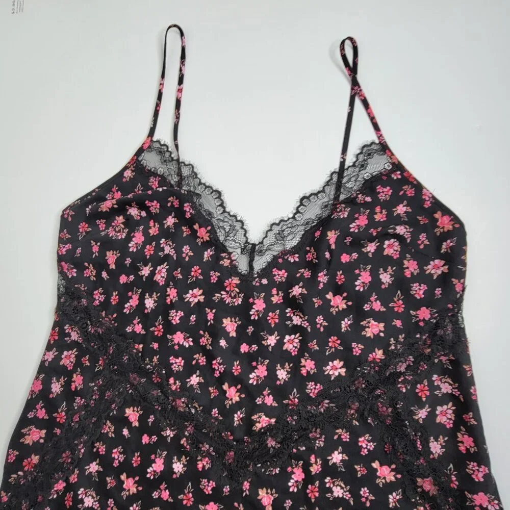 Victorias Secret Women Large‎ Black Pink Floral Lace Slip Gown Dress Nightie